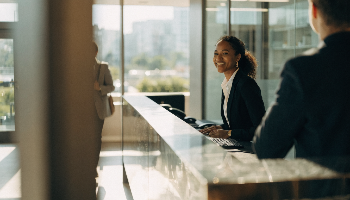 Vriendelijke receptioniste heet een gast welkom bij een moderne receptie