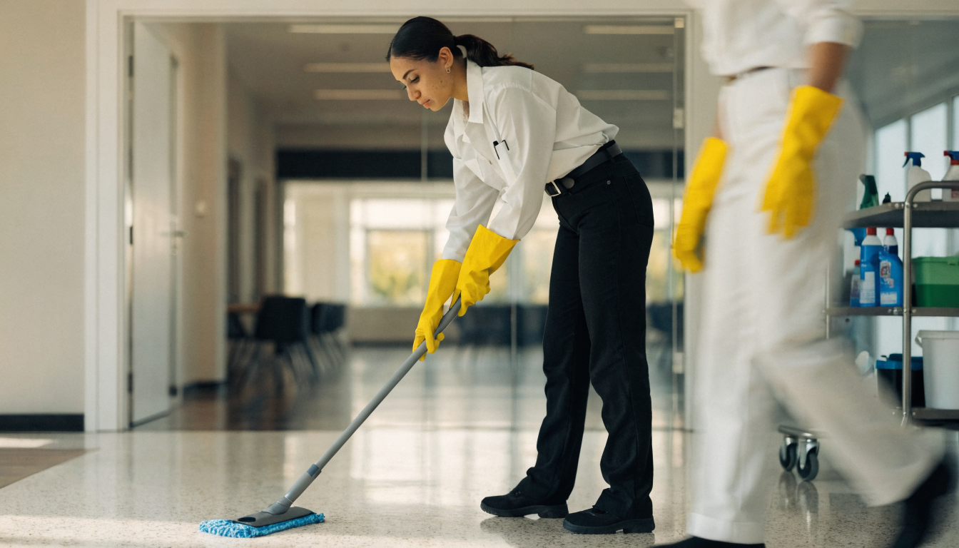 Schoonmaakkracht met professionele apparatuur in een kantoorpand