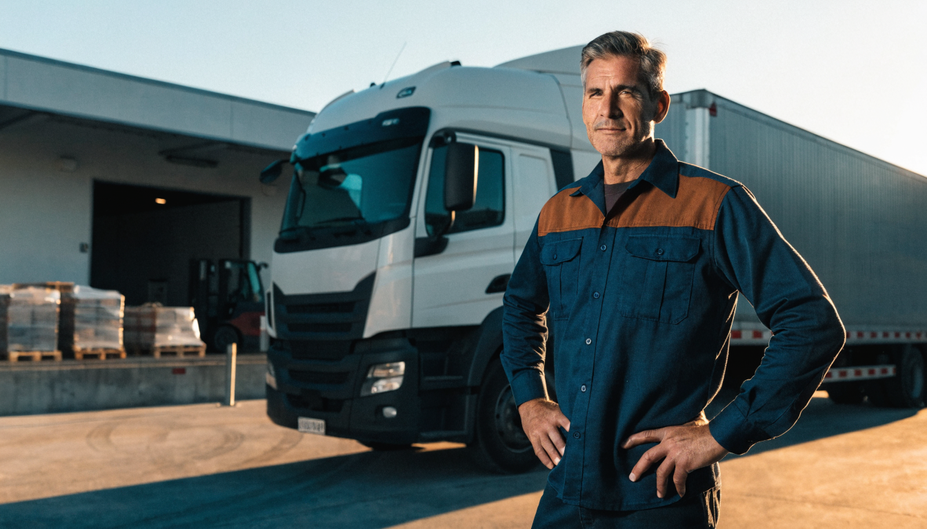 Vrachtwagenchauffeur bij een truck in een distributiecentrum